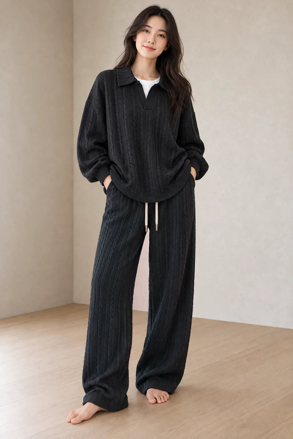 Sweater Set - Women's Cable Knit Collared Pullover & Wide Leg Pants - Black