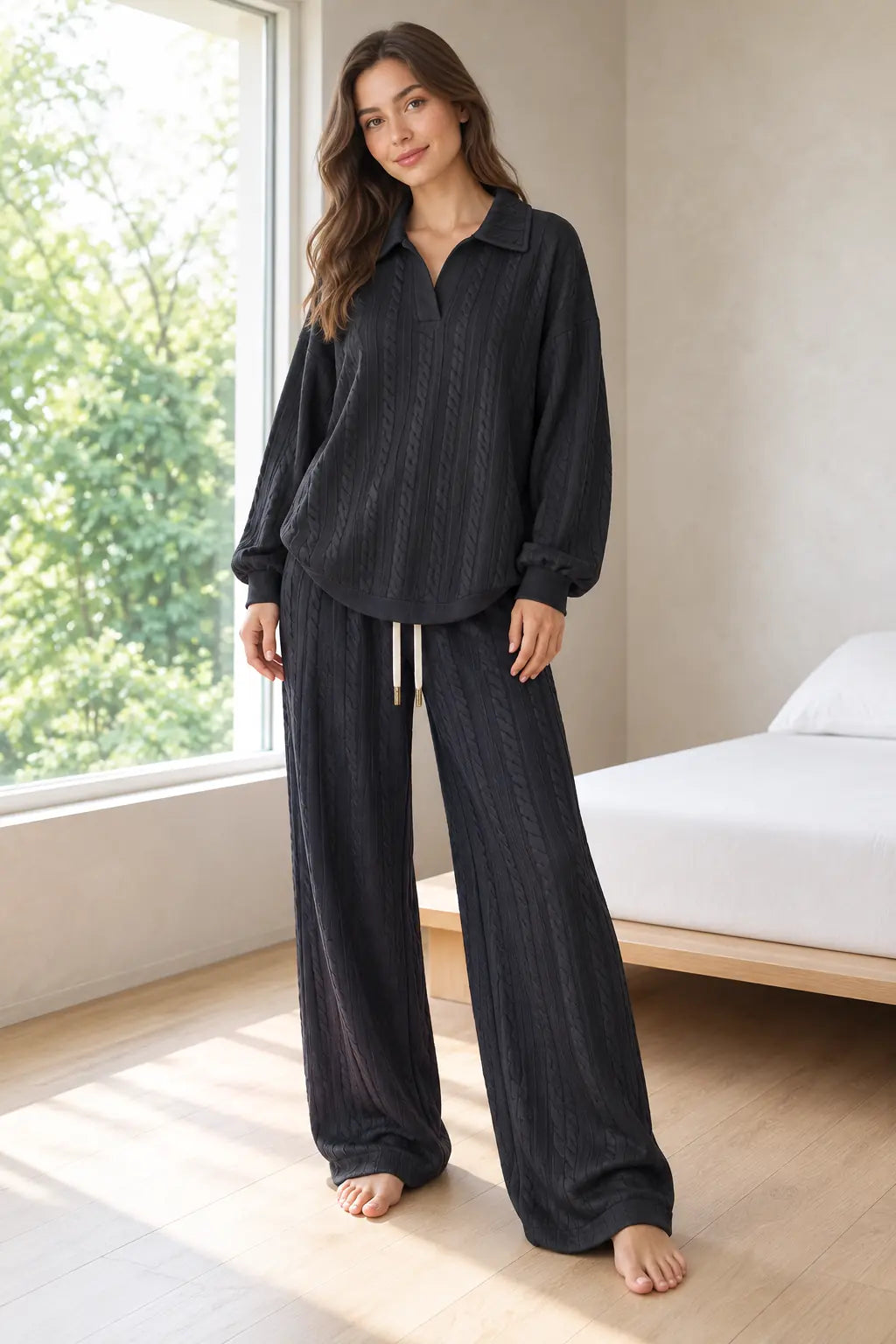 Sweater Set - Women's Cable Knit Collared Pullover & Wide Leg Pants - Black