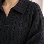 Sweater Set - Women's Cable Knit Collared Pullover & Wide Leg Pants - Black