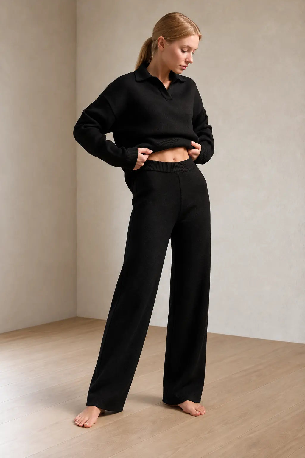 Sweater Set - Women's Polo Collar Knit Sweater & Wide Leg Pants - Black