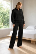 Sweater Set - Women's Polo Collar Knit Sweater & Wide Leg Pants - Black