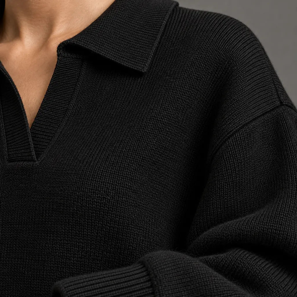 Sweater Set - Women's Polo Collar Knit Sweater & Wide Leg Pants - Black