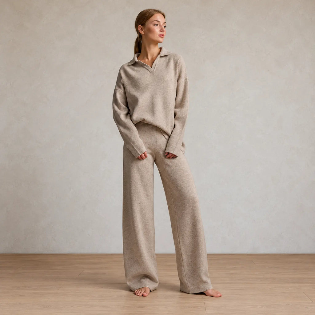Sweater Set - Women's Polo Collar Knit Sweater & Wide Leg Pants - Cream