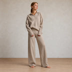 Sweater Set - Women's Polo Collar Knit Sweater & Wide Leg Pants - Cream