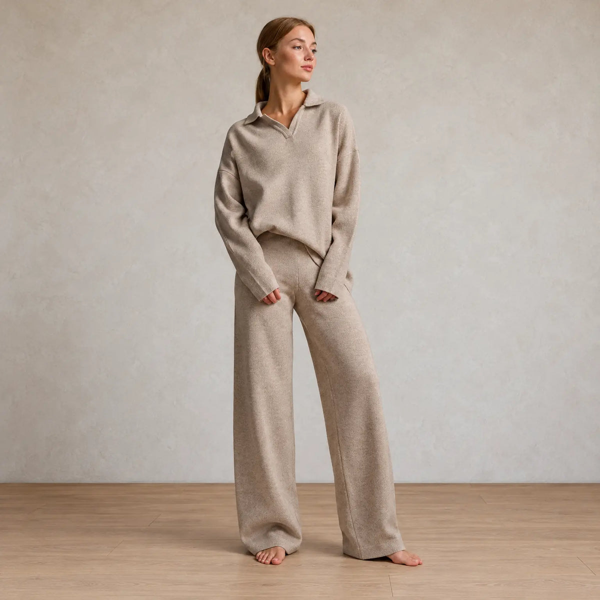 Sweater Set - Women's Polo Collar Knit Sweater & Wide Leg Pants - Cream