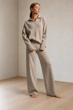 Sweater Set - Women's Polo Collar Knit Sweater & Wide Leg Pants - Cream