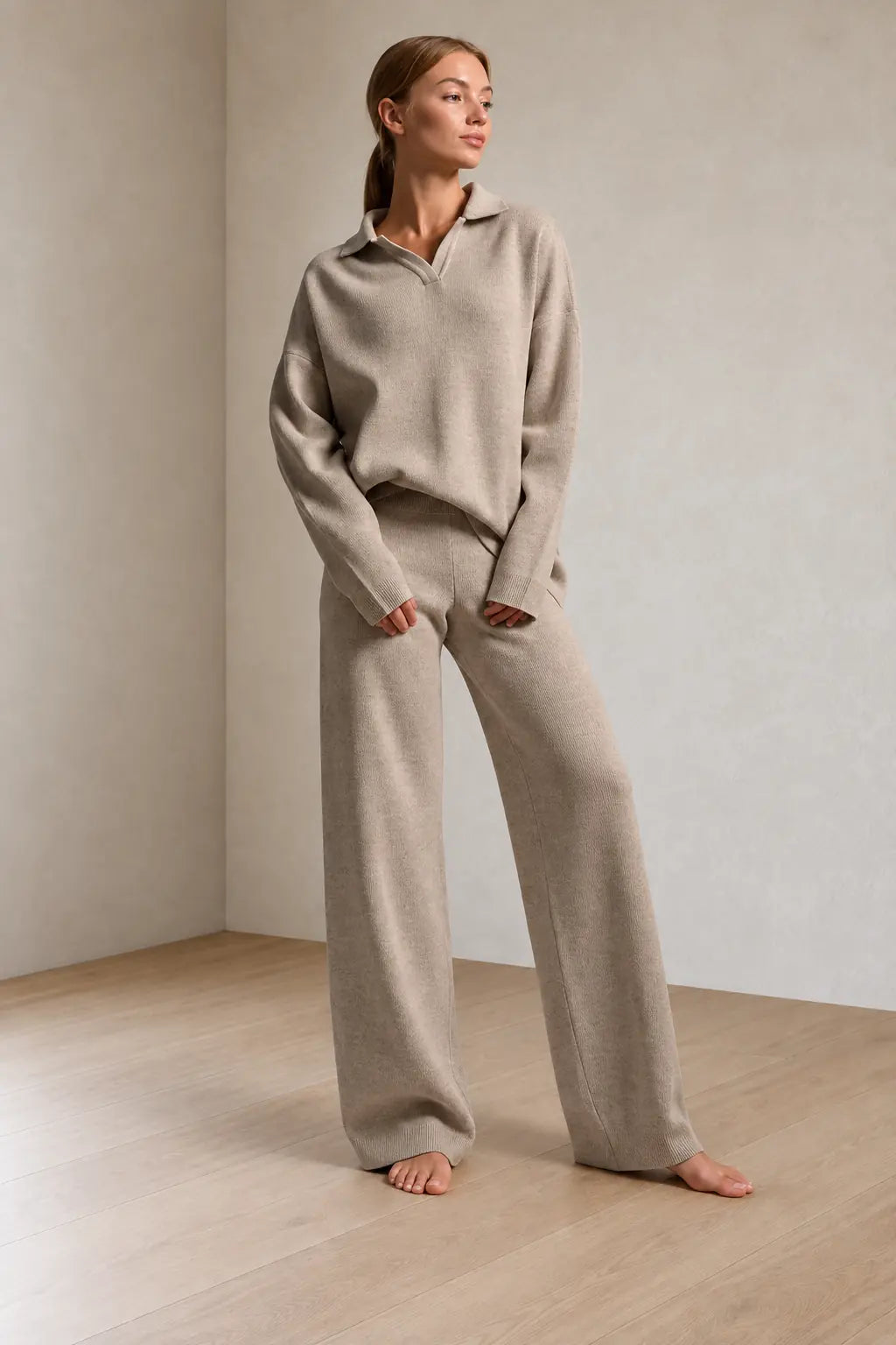 Sweater Set - Women's Polo Collar Knit Sweater & Wide Leg Pants - Cream