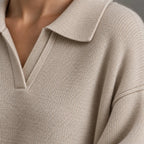Sweater Set - Women's Polo Collar Knit Sweater & Wide Leg Pants - Cream