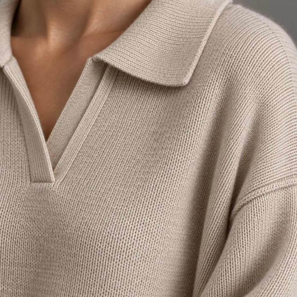 Sweater Set - Women's Polo Collar Knit Sweater & Wide Leg Pants - Cream