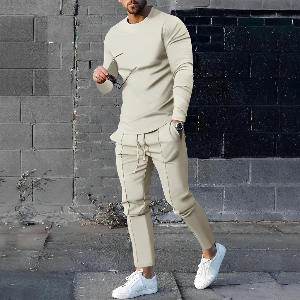 Men's Crew Neck Lounge Set - Long Sleeve Top & Jogger Pants - Beige
