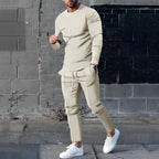 Men's Crew Neck Lounge Set - Long Sleeve Top & Jogger Pants - Beige