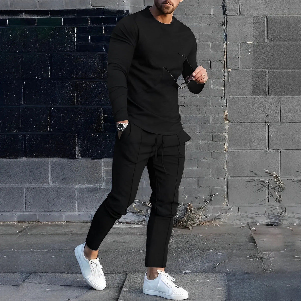 Men's Crew Neck Lounge Set - Long Sleeve Top & Jogger Pants - Black