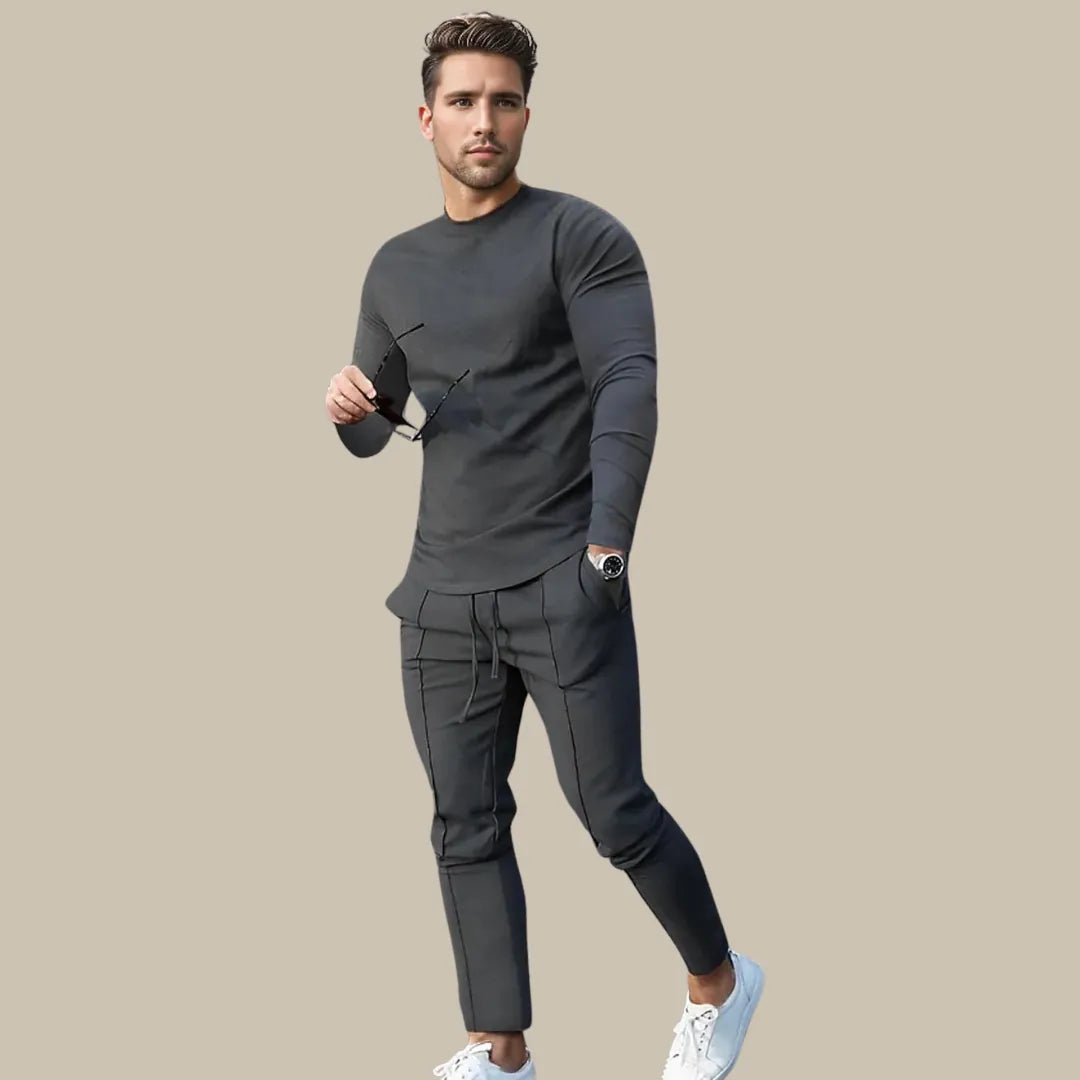 Men's Crew Neck Lounge Set - Long Sleeve Top & Jogger Pants - Charcoal