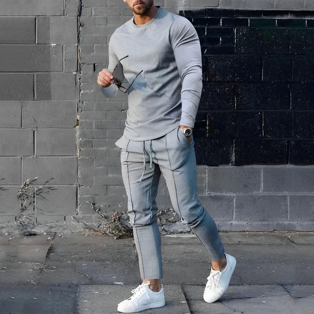 Men's Crew Neck Lounge Set - Long Sleeve Top & Jogger Pants - Gray