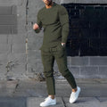 Men's Crew Neck Lounge Set - Long Sleeve Top & Jogger Pants - Olive