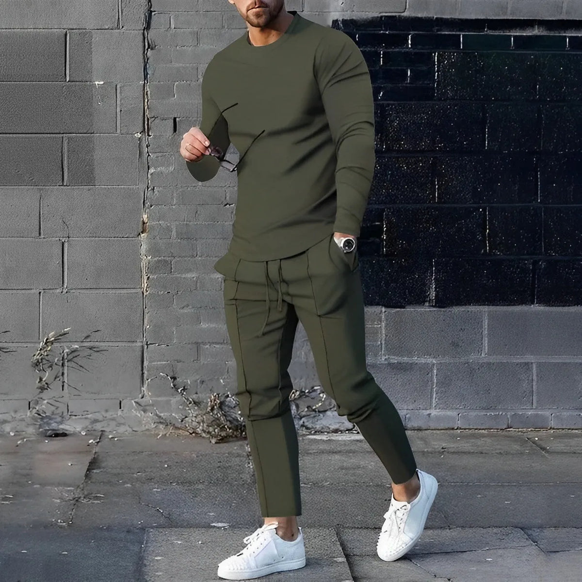 Men's Crew Neck Lounge Set - Long Sleeve Top & Jogger Pants - Olive