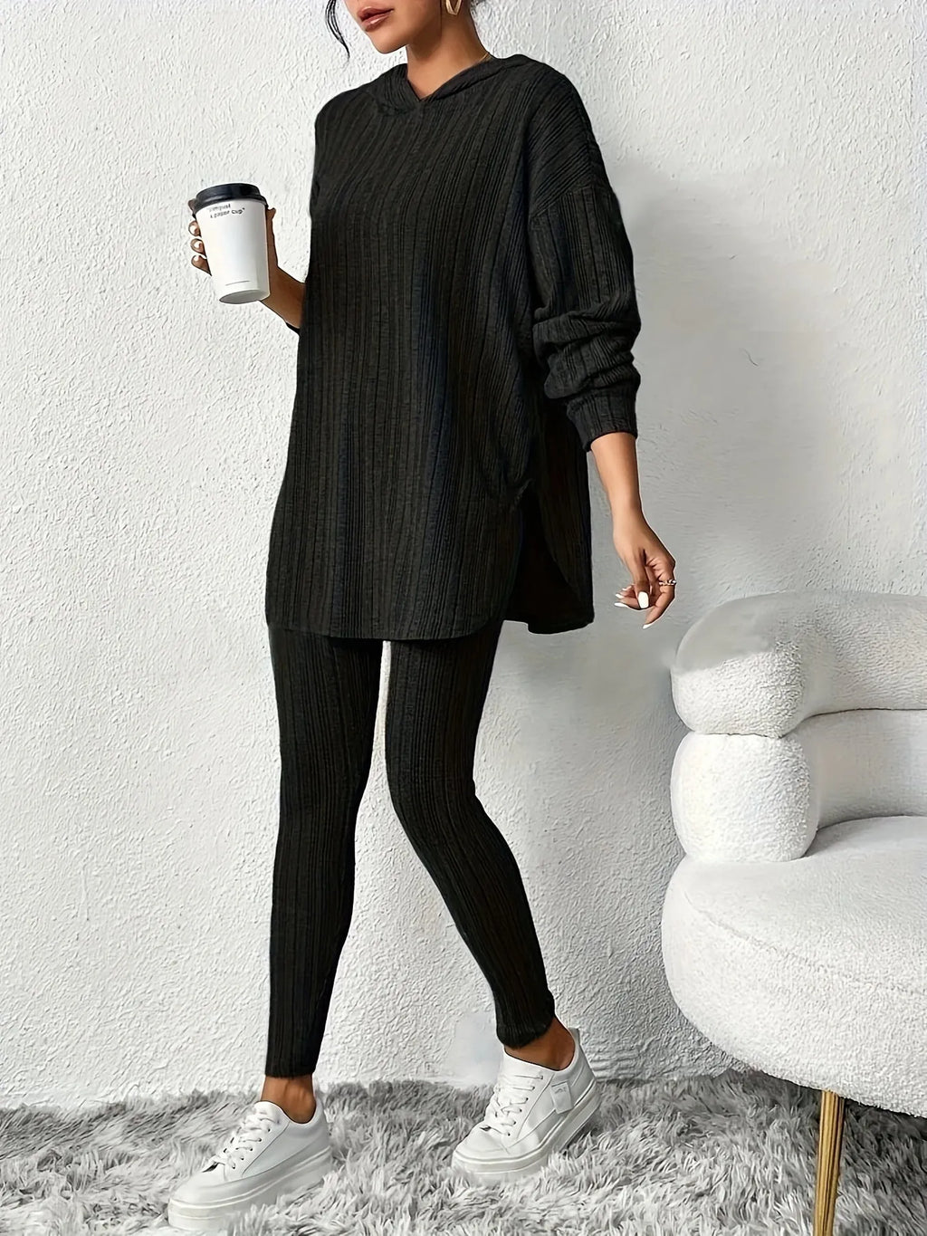Women's Ribbed Hoodie Lounge Set - Longline Hooded Top & Leggings - Black