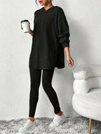 Women's Ribbed Hoodie Lounge Set - Longline Hooded Top & Leggings - Black
