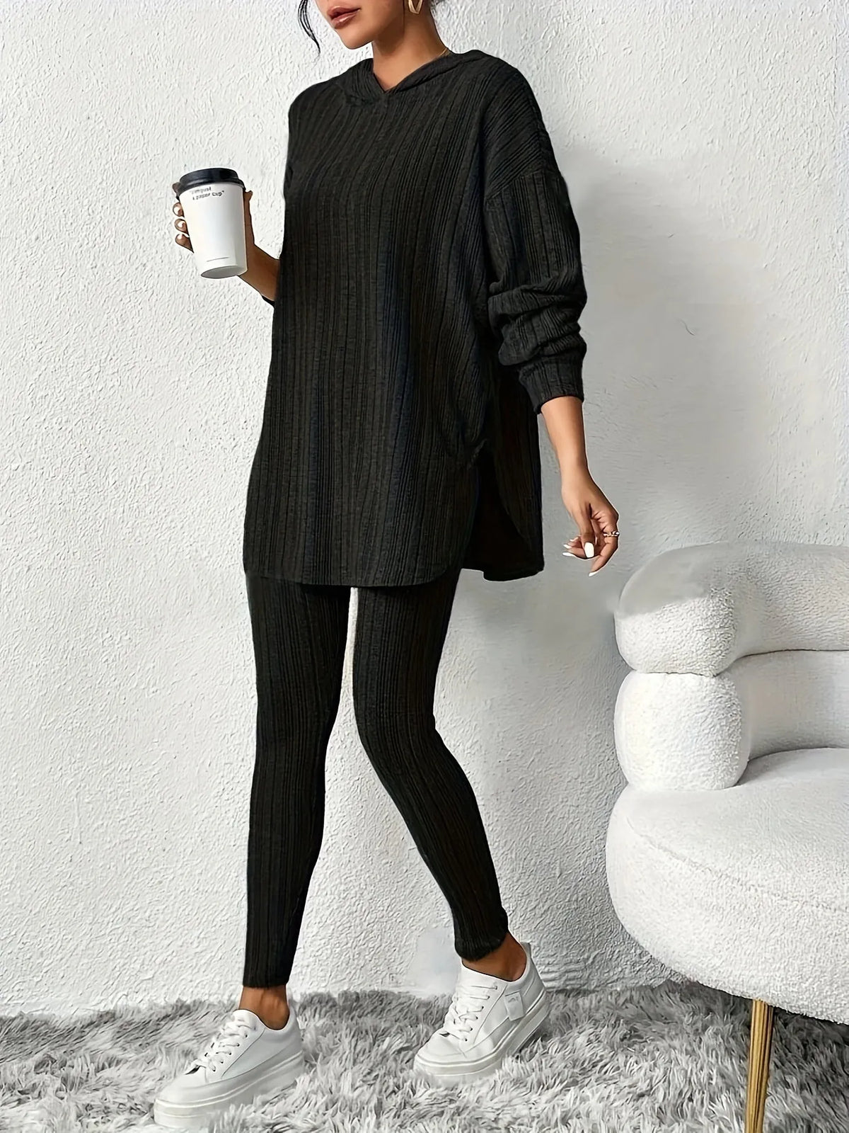 Women's Ribbed Hoodie Lounge Set - Longline Hooded Top & Leggings - Black
