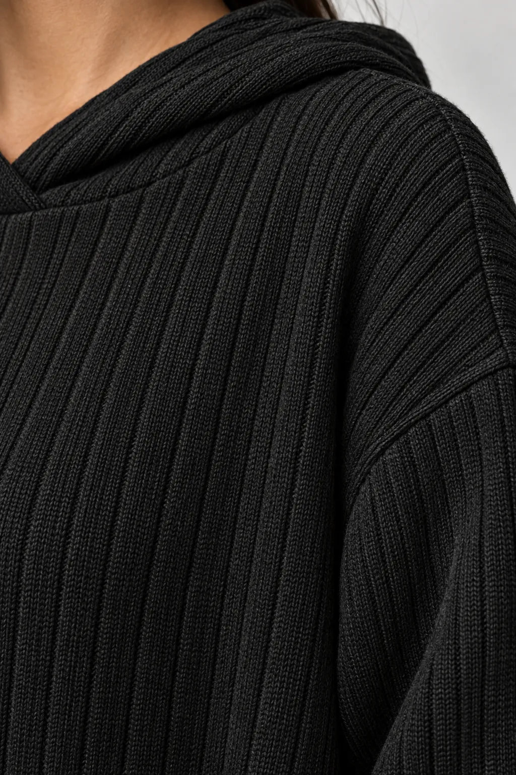 Women's Ribbed Hoodie Lounge Set - Longline Hooded Top & Leggings - Black