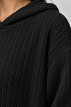 Women's Ribbed Hoodie Lounge Set - Longline Hooded Top & Leggings - Black