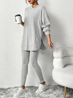 Women's Ribbed Hoodie Lounge Set - Longline Hooded Top & Leggings - Gray