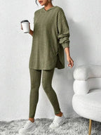 Women's Ribbed Hoodie Lounge Set - Longline Hooded Top & Leggings - Olive