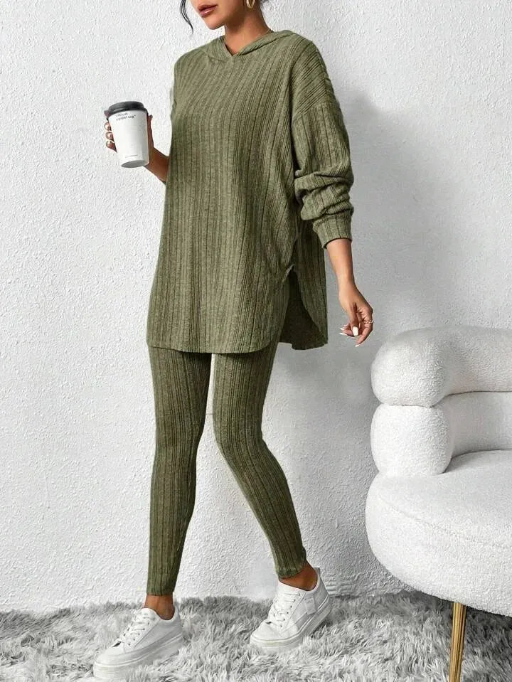 Women's Ribbed Hoodie Lounge Set - Longline Hooded Top & Leggings - Olive