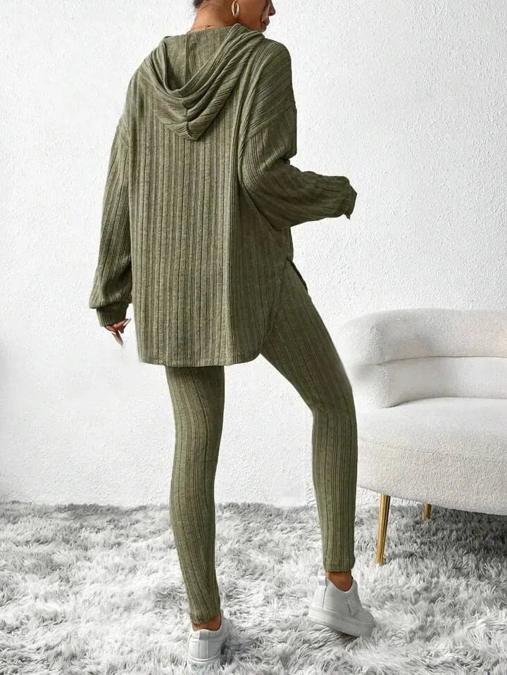Women's Ribbed Hoodie Lounge Set - Longline Hooded Top & Leggings - Olive