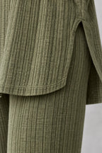Women's Ribbed Hoodie Lounge Set - Longline Hooded Top & Leggings - Olive