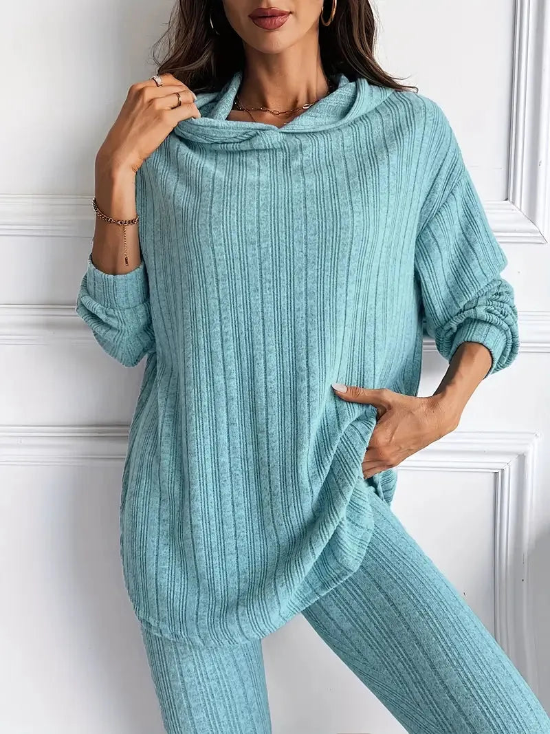 Women's Ribbed Hoodie Lounge Set - Longline Hooded Top & Leggings - Teal