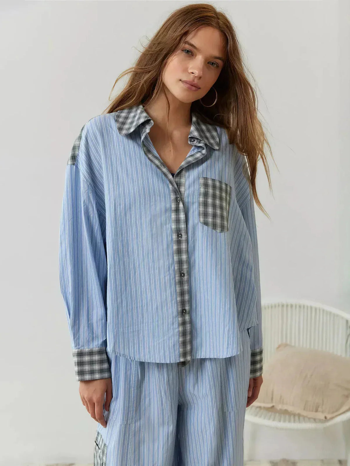 Women's Button-Front Pajama Set - Long Sleeve Shirt & Pants with Ankle Ties - Blue Stripe
