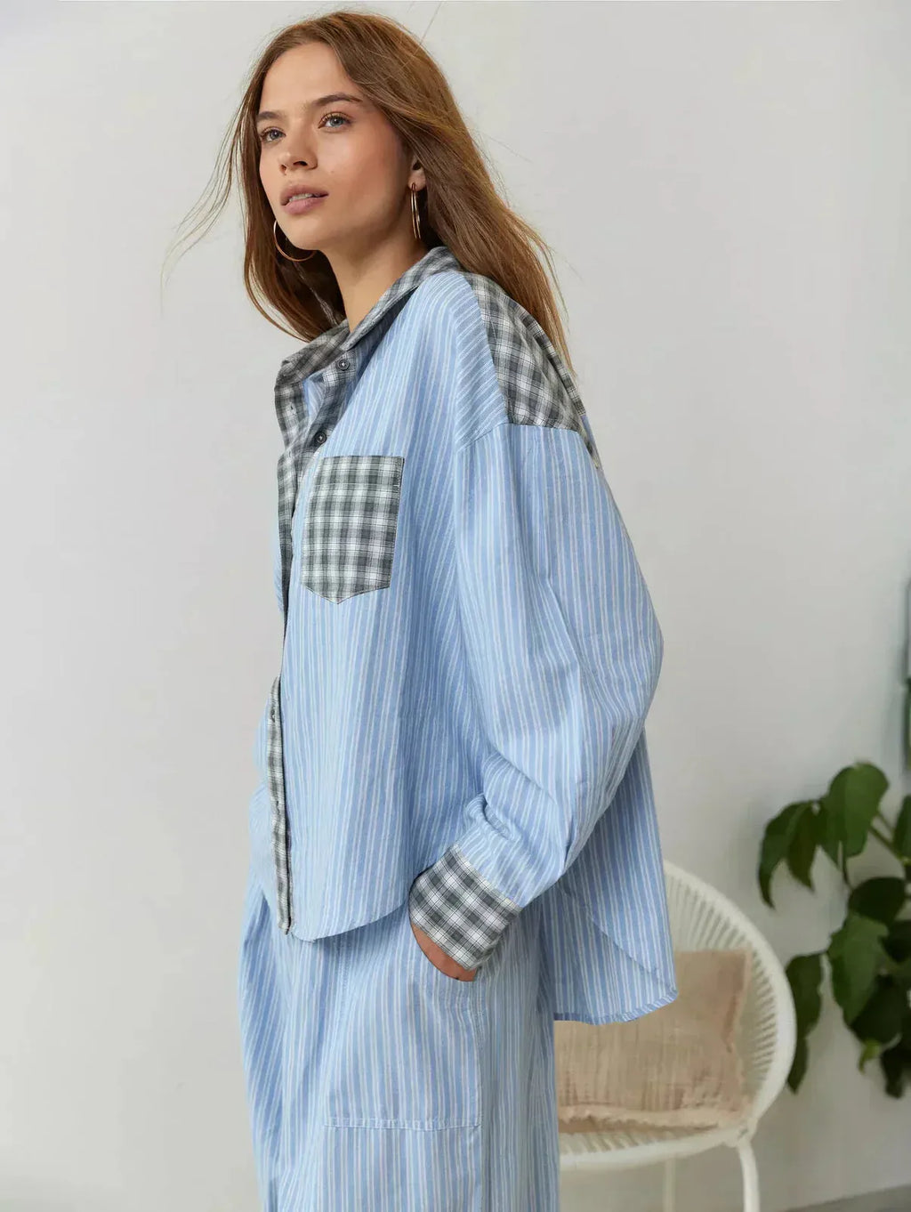 Women's Button-Front Pajama Set - Long Sleeve Shirt & Pants with Ankle Ties - Blue Stripe