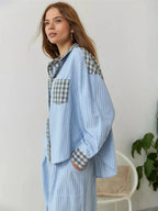Women's Button-Front Pajama Set - Long Sleeve Shirt & Pants with Ankle Ties - Blue Stripe