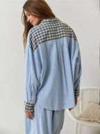 Women's Button-Front Pajama Set - Long Sleeve Shirt & Pants with Ankle Ties - Blue Stripe