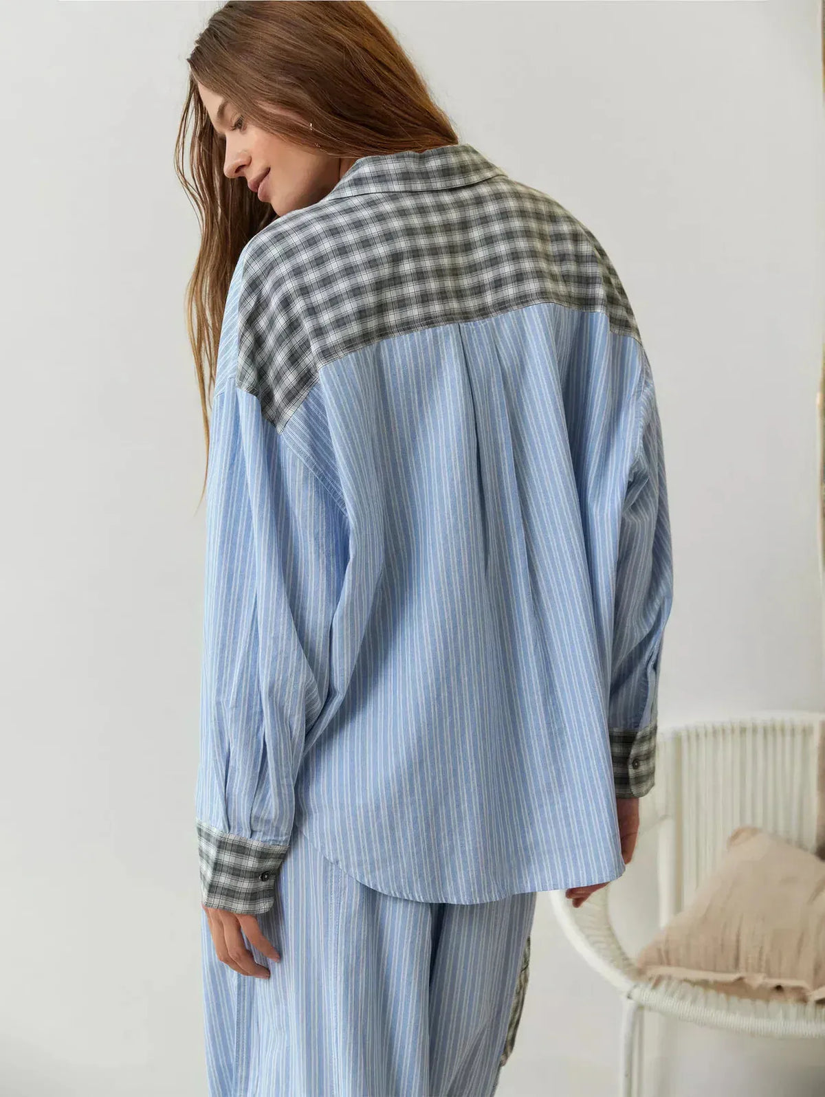 Women's Button-Front Pajama Set - Long Sleeve Shirt & Pants with Ankle Ties - Blue Stripe