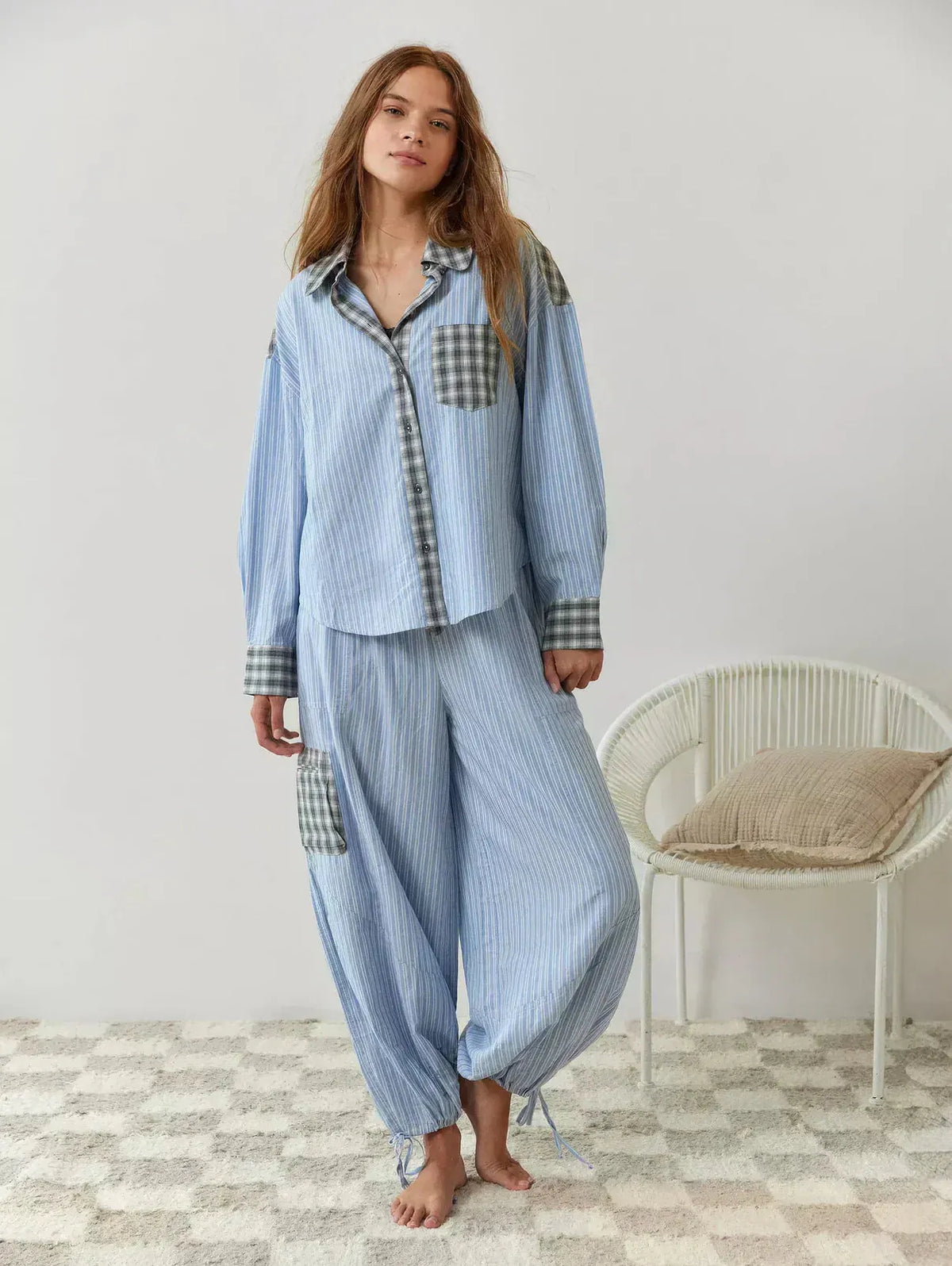 Women's Button-Front Pajama Set - Long Sleeve Shirt & Pants with Ankle Ties - Blue Stripe