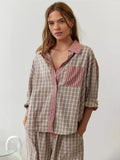Women's Button-Front Pajama Set - Long Sleeve Shirt & Pants with Ankle Ties - Pink Plaid