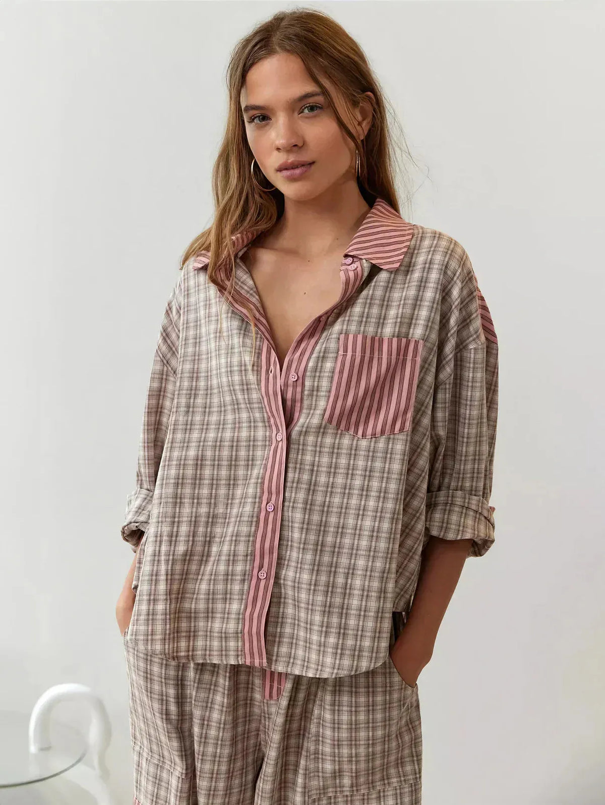 Women's Button-Front Pajama Set - Long Sleeve Shirt & Pants with Ankle Ties - Pink Plaid