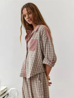 Women's Button-Front Pajama Set - Long Sleeve Shirt & Pants with Ankle Ties - Pink Plaid