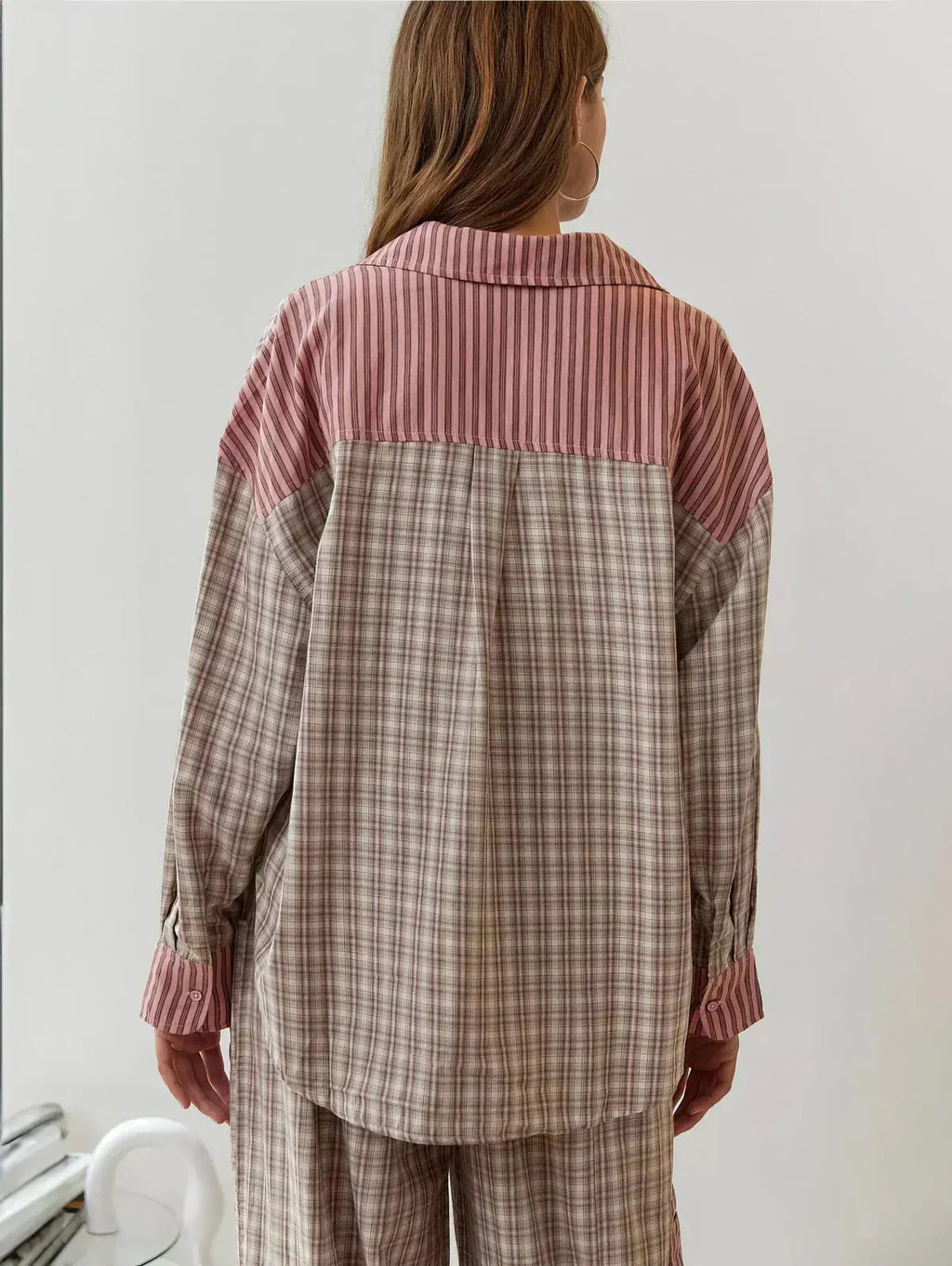 Women's Button-Front Pajama Set - Long Sleeve Shirt & Pants with Ankle Ties - Pink Plaid
