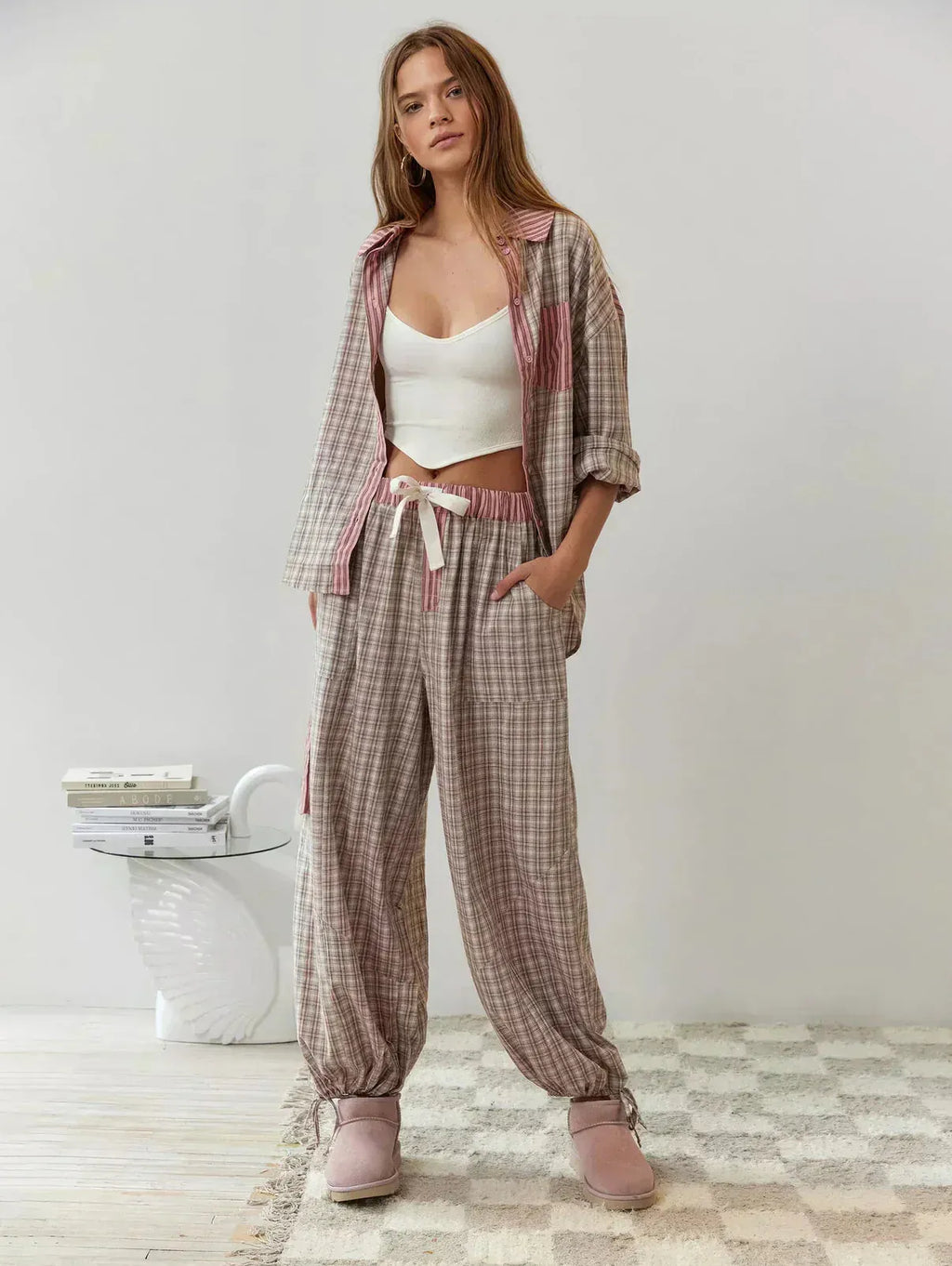 Women's Button-Front Pajama Set - Long Sleeve Shirt & Pants with Ankle Ties - Pink Plaid