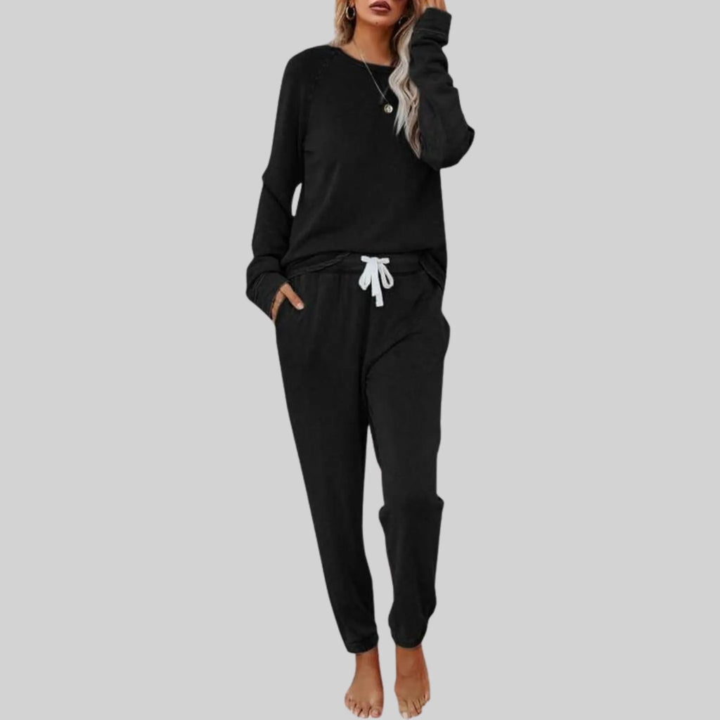 Women's Two-Piece Lounge Set - Crewneck Sweatshirt & Jogger Pants - Black
