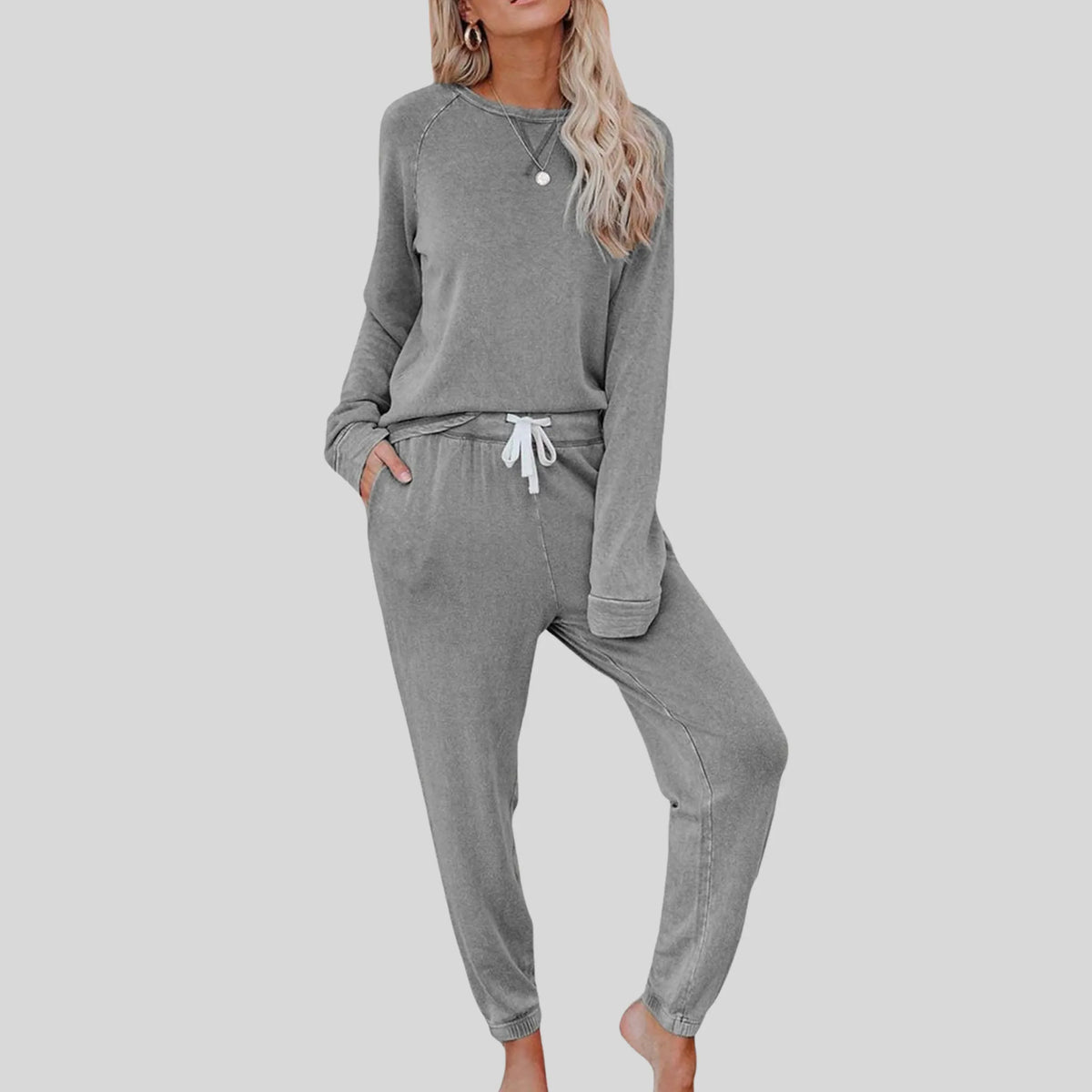 Women's Two-Piece Lounge Set - Crewneck Sweatshirt & Jogger Pants - Gray