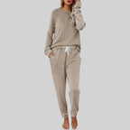 Women's Two-Piece Lounge Set - Crewneck Sweatshirt & Jogger Pants - Khaki