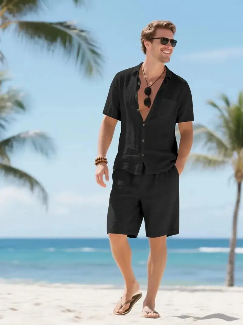 Men's Linen Lounge Set - Camp Collar Button-Down Shirt & Drawstring Shorts - Black