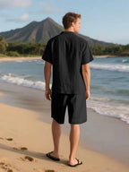 Men's Linen Lounge Set - Camp Collar Button-Down Shirt & Drawstring Shorts - Black