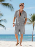 Men's Linen Lounge Set - Camp Collar Button-Down Shirt & Drawstring Shorts - Gray