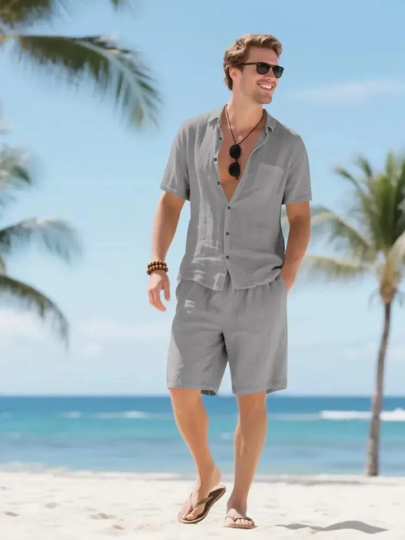 Men's Linen Lounge Set - Camp Collar Button-Down Shirt & Drawstring Shorts - Gray