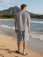 Men's Linen Lounge Set - Camp Collar Button-Down Shirt & Drawstring Shorts - Gray